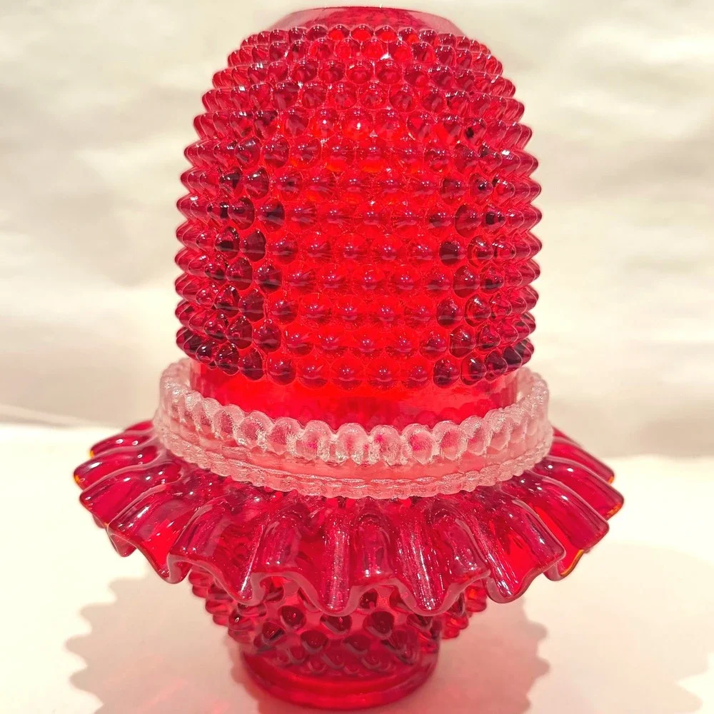 Vintage Fenton LG Wright Ruby Red Hobnail 3 Pc Fairy Lamp Ruffled UV Glow